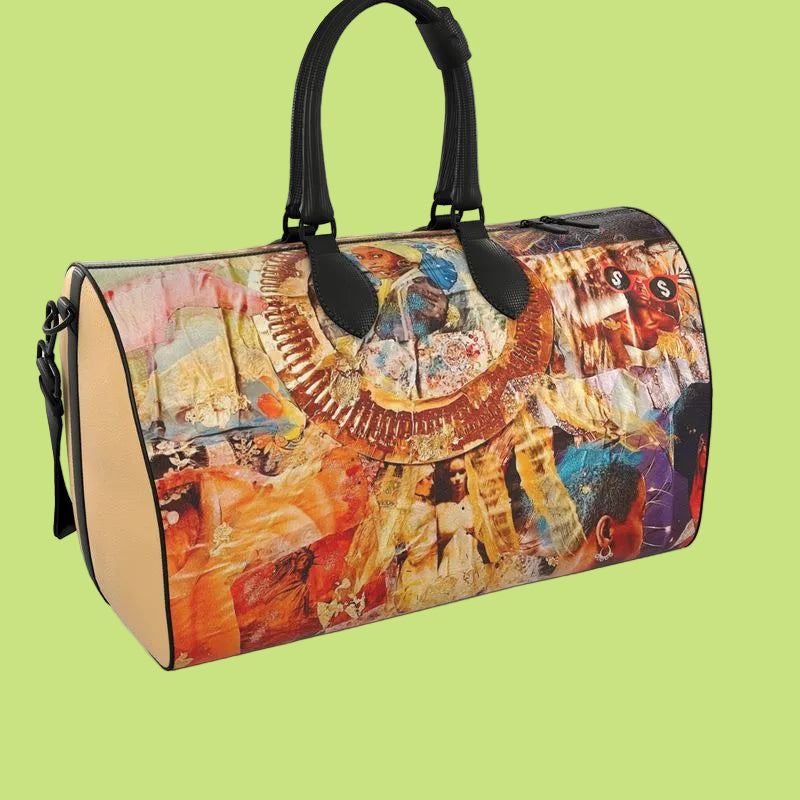 A multicolored geometric-patterned duffle bag with leather handles and zipper.