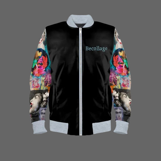 Black bomber jacket with colorful graphic designs on sleeves and 'Becollage' branding.