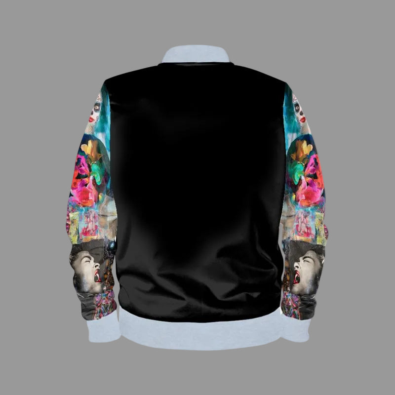 Black jacket with colorful sleeves featuring artistic designs on a gray background