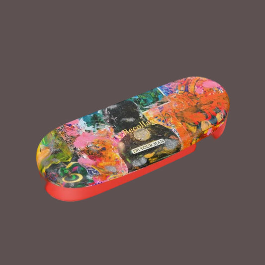 Colorful hardcover glasses case with abstract design on a gray background