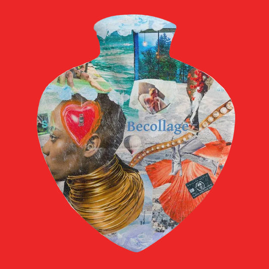Collage art on a heart-shaped object with 'Becollage' branding on a red background