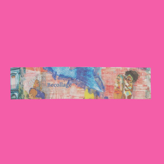 Collage of people on a pink background with 'Becollage' text
