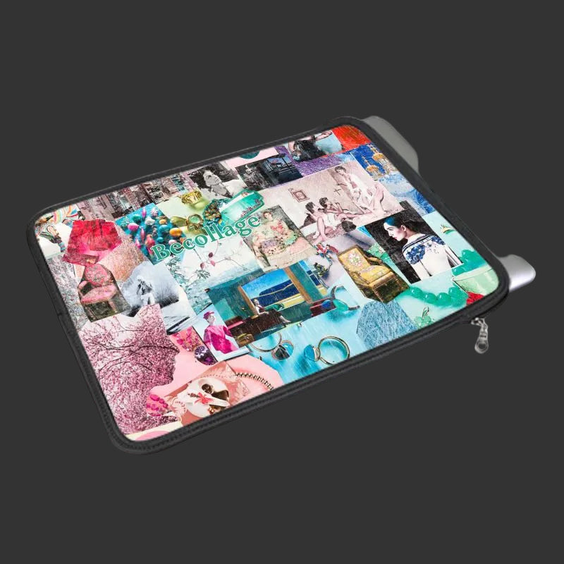 Collage-style laptop sleeve with colorful images on a black background