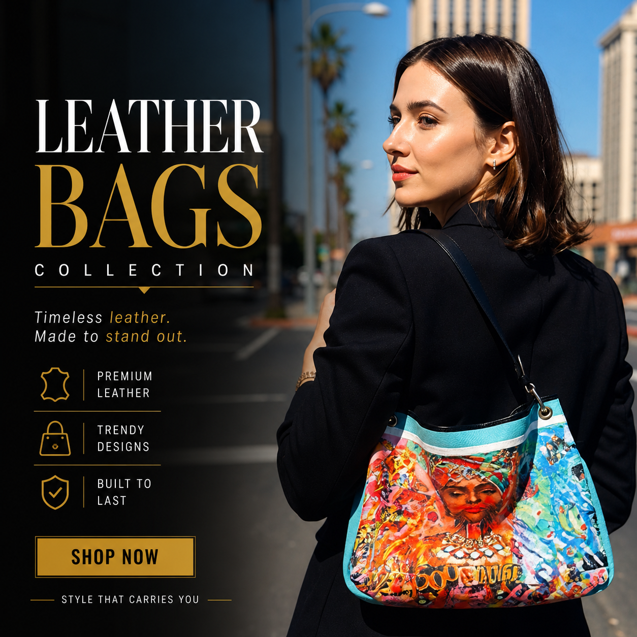 Woman wearing Talbot Slouch bag over shoulder