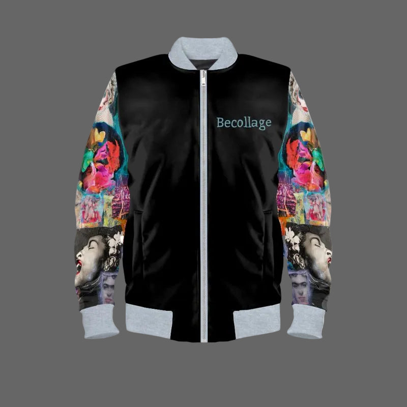 Black bomber jacket with colorful graphic designs on sleeves and 'Becollage' branding.