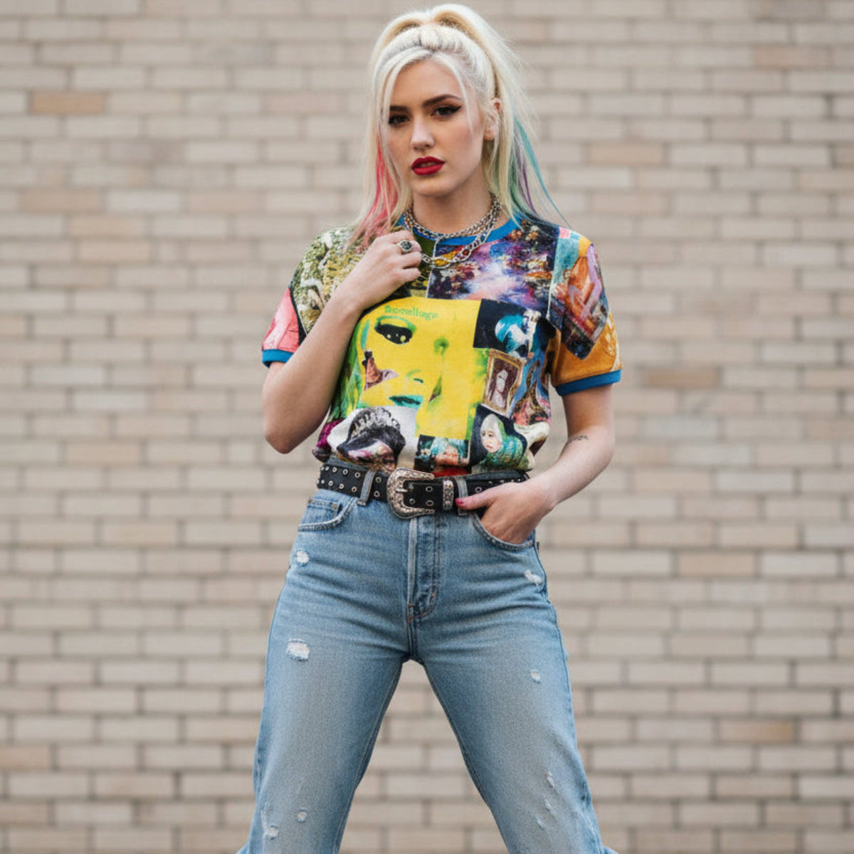Person wearing a colorful shirt, ripped jeans, and white boots against a brick wall.