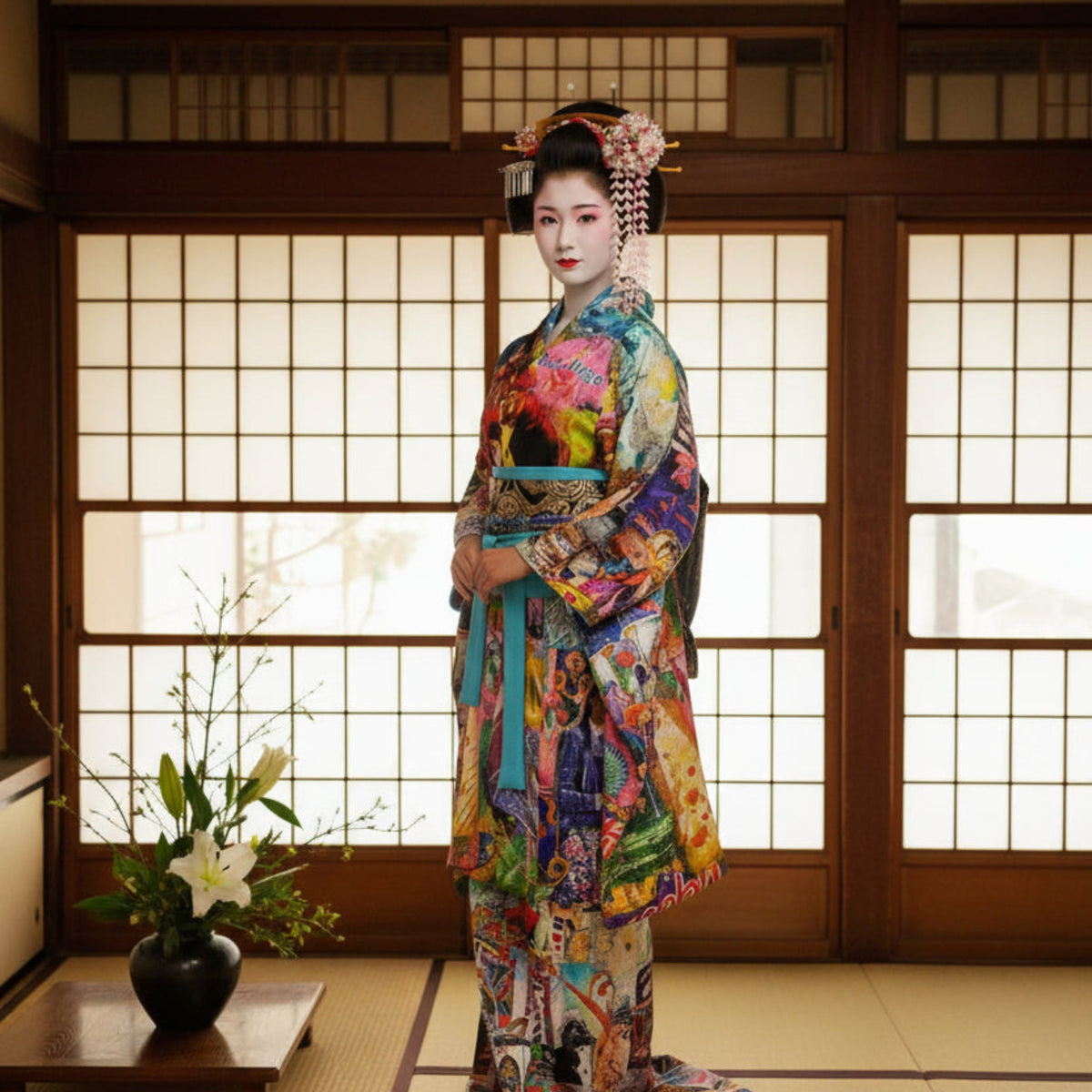 Woman in a colorful traditional kimono standing in a room with wooden floors and sliding doors.