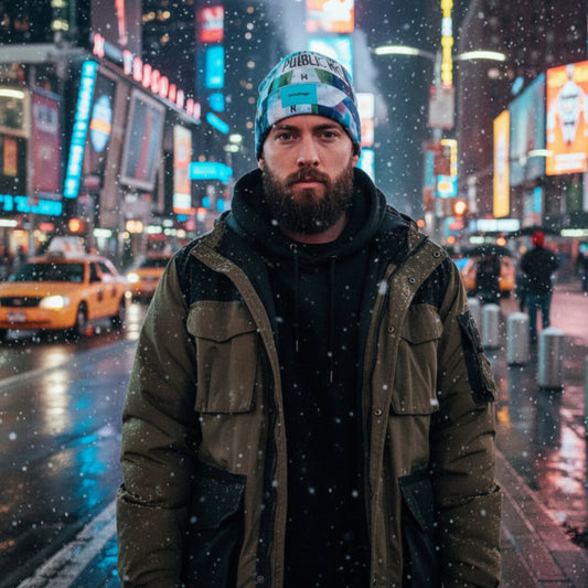 Man standing in a snowy city street with neon lights in the background
