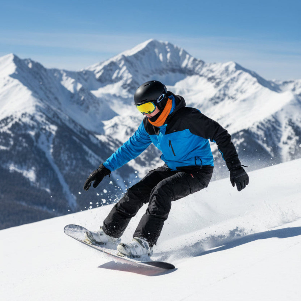Person snowboarding on a snowy mountain with a blue sky and mountains in the background