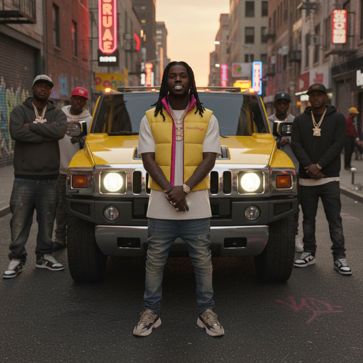 Man standing in front of a yellow Hummer on a city street with other people around