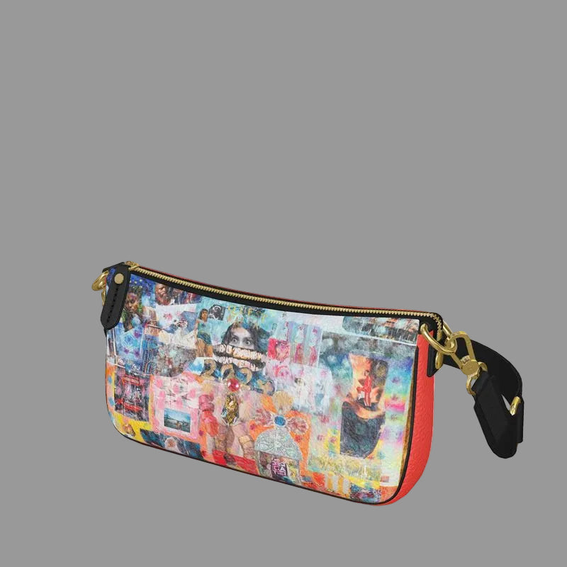 Multicolored pouch with a collage design on a white background