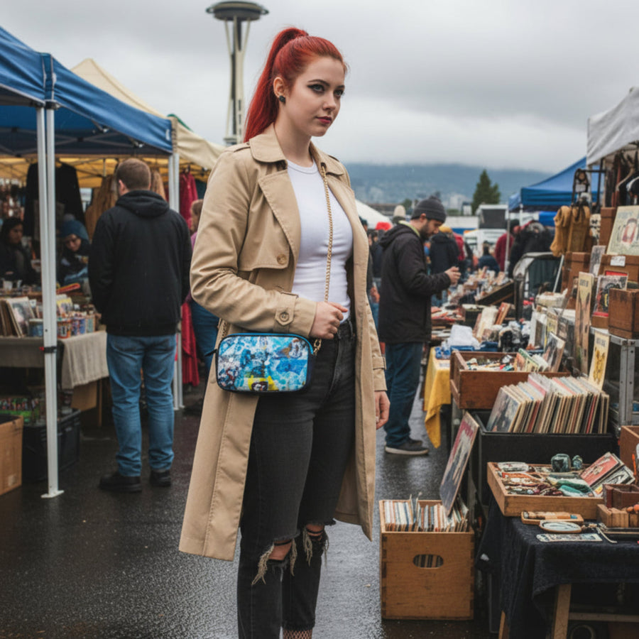 Woman with red hair at a flea market with vinyl records and people around