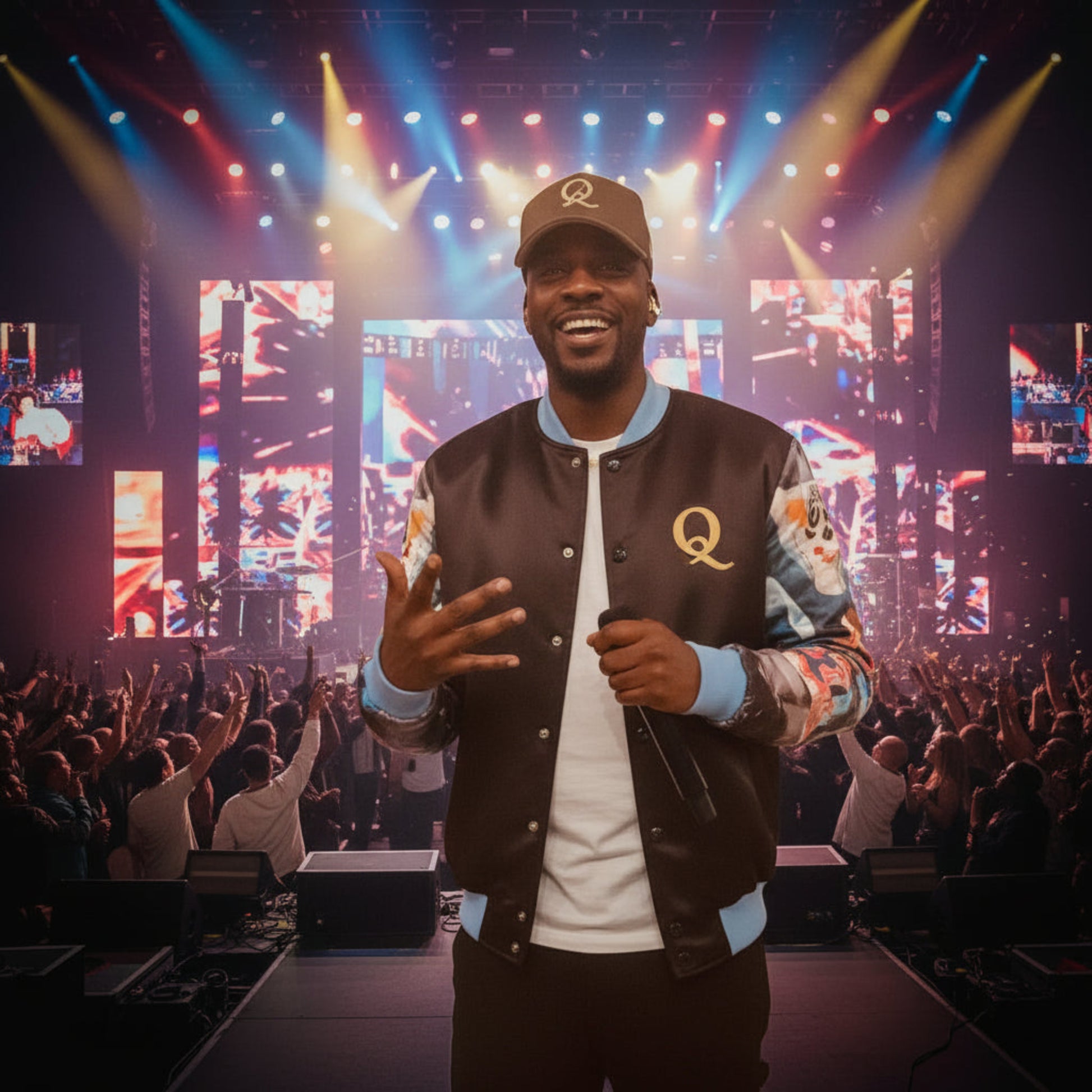 Person wearing a Becollage bomber jacket performing on stage at a concert.