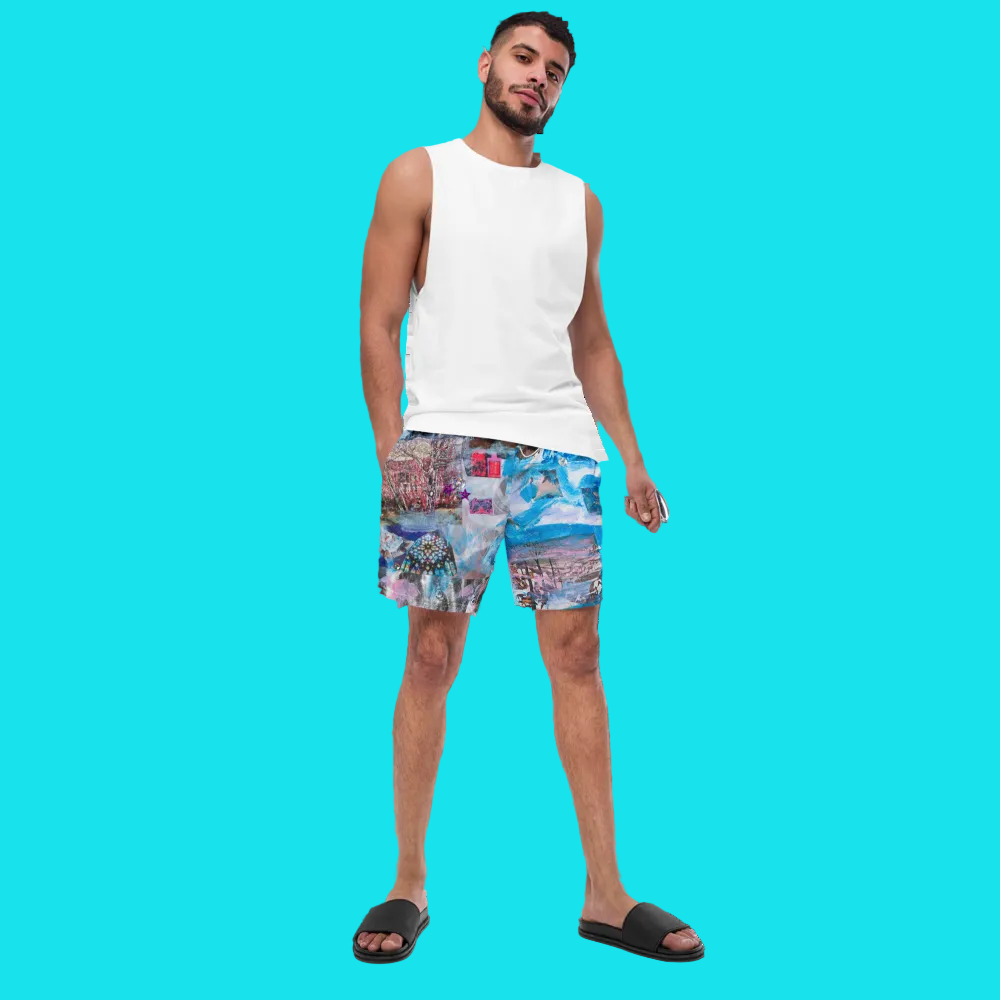 Man wearing a white sleeveless shirt and colorful patterned shorts on a white background