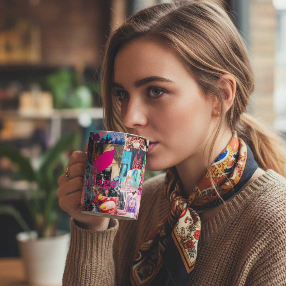 Colorful mug with a collage design and 'Becolla' branding on a white background