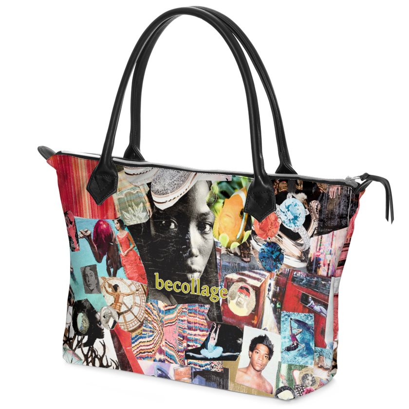 Tote nappa leather bag with unique collage pattern by becollage